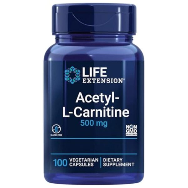 Life Extension, Acetyl-L-Carnitin, 500mg, avec Vitamine C, Hautement Dosé, 100 Capsules végétaliennes, Sans Gluten, Végétarien, Sans Soja, Sans OGM