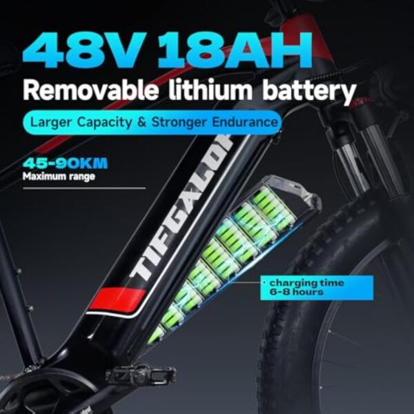 Lohang Vélo électrique Adulte, Moteur Haute fréquence sans balais, Batterie Amovible 48 V 18 Ah, portée maximale 45-90 km, pneus Tout Terrain 26 Pouces, vélo de Montagne Unisexe – Image 5