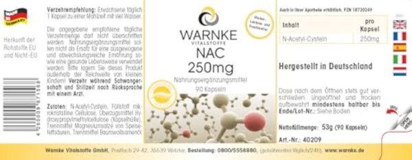 NAC 250mg - 90 gélules - N-acétylcystéine - hautement dosé - végétalien | Warnke Vitalstoffe - Qualité des pharmacies allemandes – Image 3