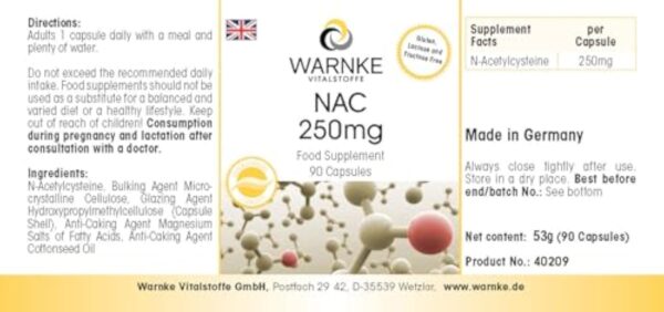 NAC 250mg - 90 gélules - N-acétylcystéine - hautement dosé - végétalien | Warnke Vitalstoffe - Qualité des pharmacies allemandes – Image 4