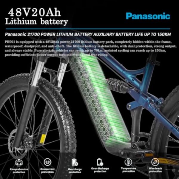 PULUMA PH001 Vélo électrique de montagne électrique de 27,5" avec batterie Panasonic 48 V 20 Ah avec pneus à assistance au pédalage 69,5 x 6,8 cm, freins à disque hydrauliques, cadre en alliage – Image 3