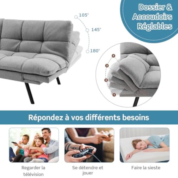 RELAX4LIFE Canapé-lit Convertible 5-en-1 avec Dossier Réglables à 3 Niveaux | Accoudoirs Réglables à 4 Niveaux| Pieds en Métal, Canapé-Lit Moderne à Dossier Divisé en Mousse à Mémoire – Image 5