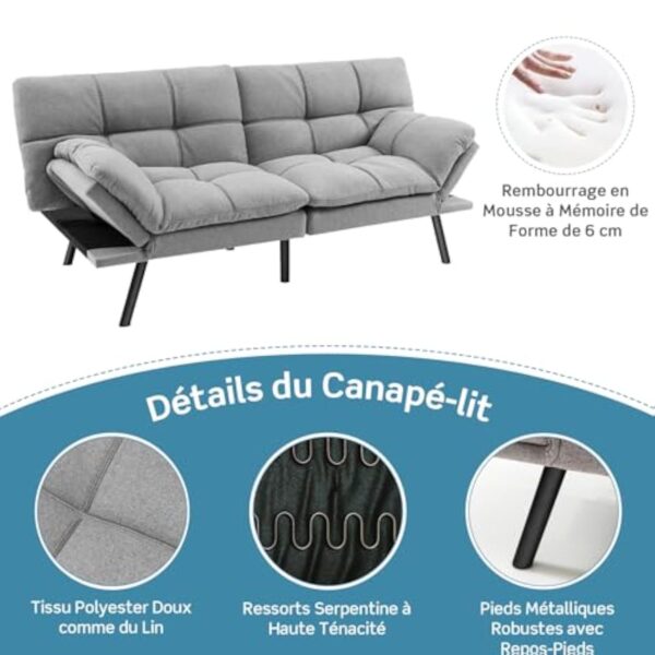 RELAX4LIFE Canapé-lit Convertible 5-en-1 avec Dossier Réglables à 3 Niveaux | Accoudoirs Réglables à 4 Niveaux| Pieds en Métal, Canapé-Lit Moderne à Dossier Divisé en Mousse à Mémoire – Image 6