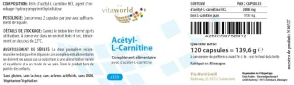 Vita World Acetyl L-carnitine 1000mg 120 Capsules doses très élevées haute biodisponibilité Made in Germany acétyl-carnitine – Image 3