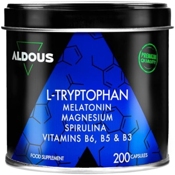 200 Gélules Tryptophane 600mg + Mélatonine et Mangésium + Vitamines B6,B5,B3 + Spiruline | Hautement Dosé pour un Sommeil Réparateur | 1,78mg de Mélatonine | L Triptophane Pour Bien Dormir