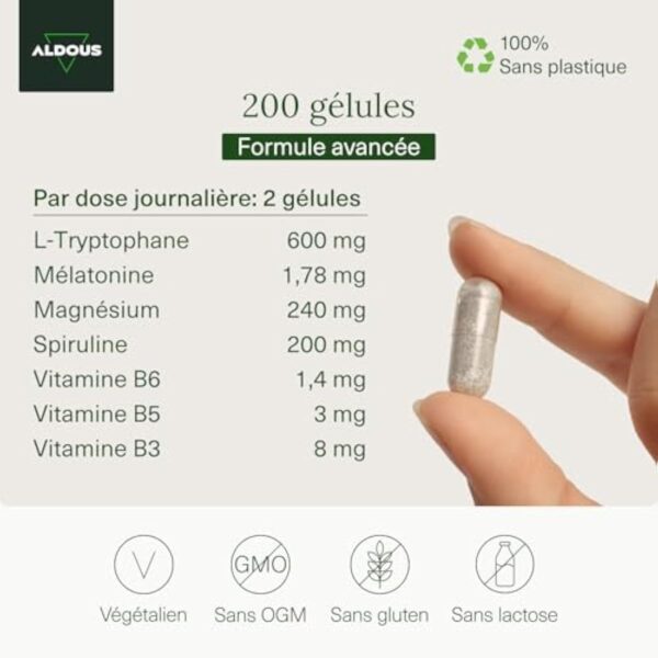 200 Gélules Tryptophane 600mg + Mélatonine et Mangésium + Vitamines B6,B5,B3 + Spiruline | Hautement Dosé pour un Sommeil Réparateur | 1,78mg de Mélatonine | L Triptophane Pour Bien Dormir – Image 4