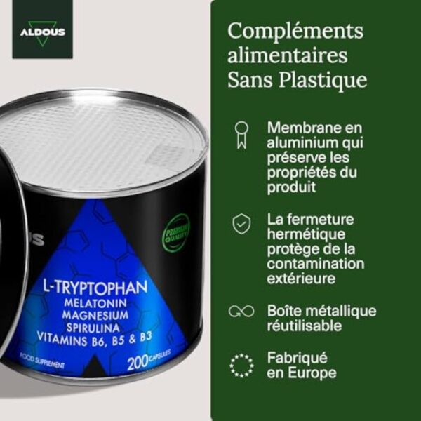 200 Gélules Tryptophane 600mg + Mélatonine et Mangésium + Vitamines B6,B5,B3 + Spiruline | Hautement Dosé pour un Sommeil Réparateur | 1,78mg de Mélatonine | L Triptophane Pour Bien Dormir – Image 6