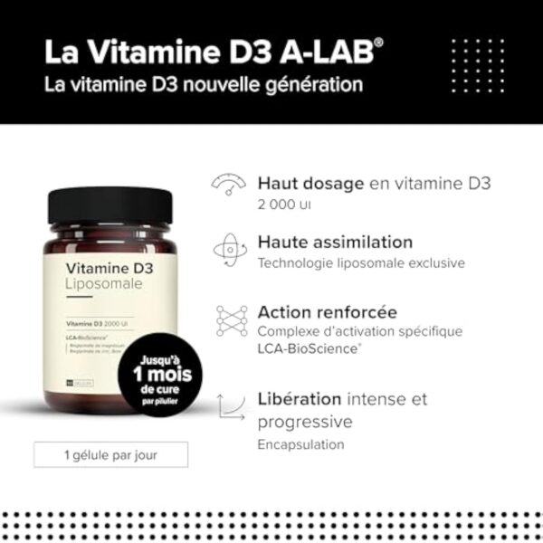 A-LAB Vitamine D3 Liposomale 2000 UI - Assimilation Renforcée - Complément Alimentaire Défenses Naturelles, Immunité, Musculaire - 60 gélules, 60 jours de prise - Fabriqué en France – Image 3