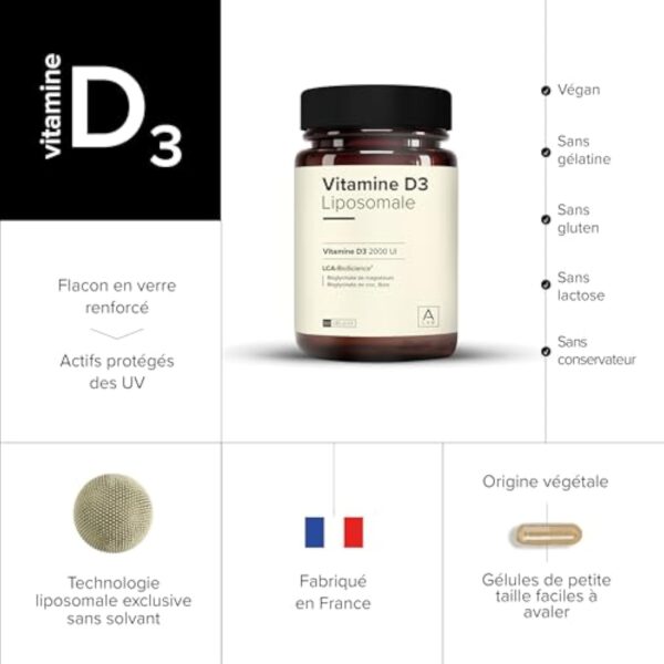 A-LAB Vitamine D3 Liposomale 2000 UI - Assimilation Renforcée - Complément Alimentaire Défenses Naturelles, Immunité, Musculaire - 60 gélules, 60 jours de prise - Fabriqué en France – Image 7