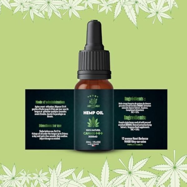 ARTISAM | Meilleur Huile de Graines de Chanvre Sativa PURE H 30% 3000mg Pressée à Froid 10 ml | Chanvre bio | Formule Premium Made in France Huile Sommeil Puissant Hemp Oil herbe puff fleurs infusion – Image 7