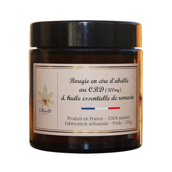 Bougie en cire d'abeille au CBD (300mg) & Huile essentielle de Romarin - 100% naturel - 100% français