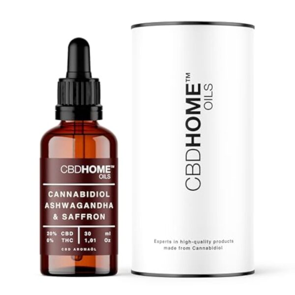 CBD HOME Oils - 20% Avec Ashwagandha et Safran - 30 ML - Base d'Huile de MCT (Coco) et de Chanvre Biologique - Enrichi avec 20% de CBD Pur - CBD Certifié 6000 mg.