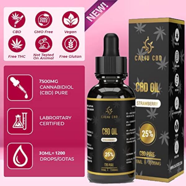 CBD | Huile cbd de chanvre bio | 25% 7500mg 30ML | À l'extrait de fraise | Cbd Huile de chanvre | Fabriqué dans l'UE | 0% THC 1200 gouttes | Huile de graines de cannabis.de chanvre. – Image 4