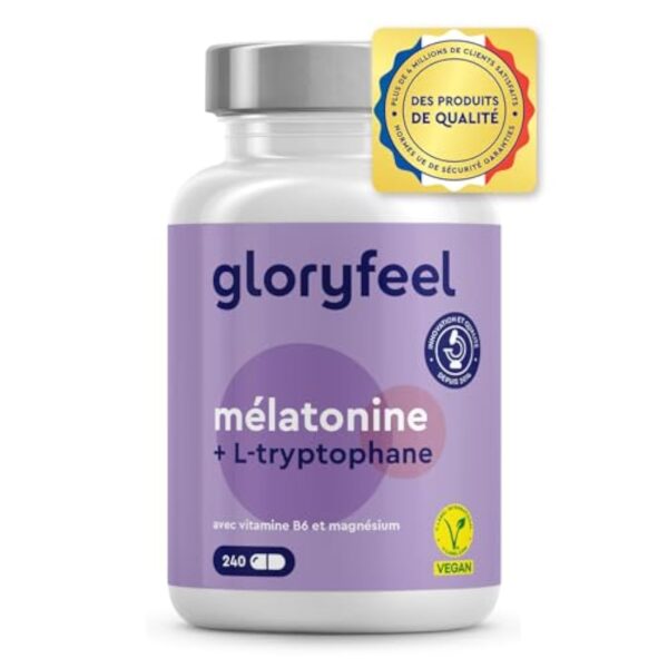 Complexe Mélatonine + L-Tryptophane 500 mg, Vitamine B6 avec Magnésium, 240 Capsules (4 mois), Aide Naturelle au Sommeil, Tryptophane Relaxant, Contre la Fatigue et L'Épuisement*, 100% Végétalien