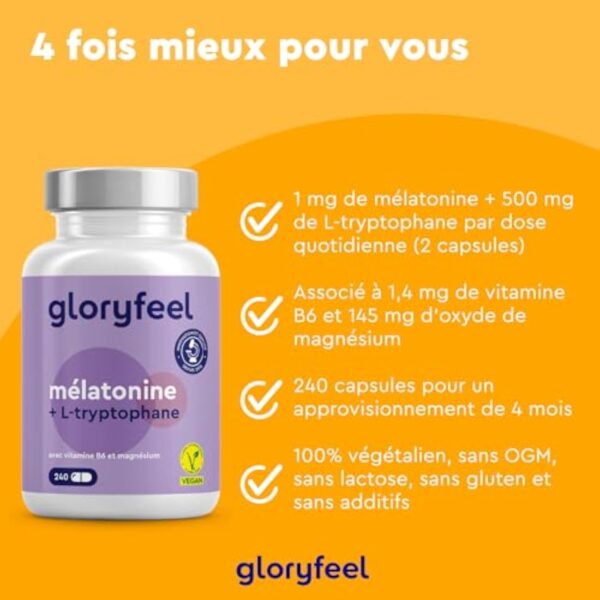 Complexe Mélatonine + L-Tryptophane 500 mg, Vitamine B6 avec Magnésium, 240 Capsules (4 mois), Aide Naturelle au Sommeil, Tryptophane Relaxant, Contre la Fatigue et L'Épuisement*, 100% Végétalien – Image 4