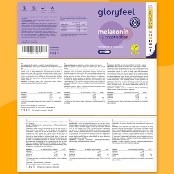 Complexe Mélatonine + L-Tryptophane 500 mg, Vitamine B6 avec Magnésium, 240 Capsules (4 mois), Aide Naturelle au Sommeil, Tryptophane Relaxant, Contre la Fatigue et L'Épuisement*, 100% Végétalien – Image 10