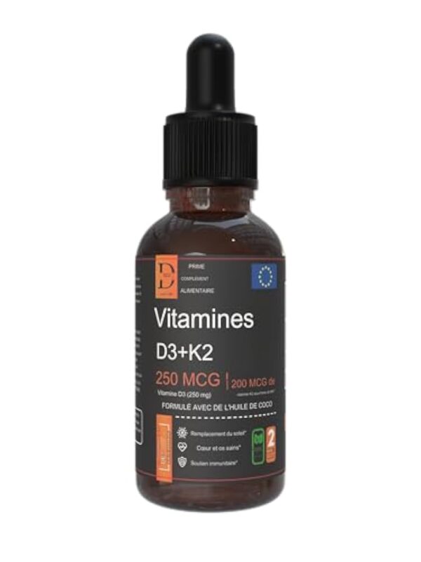 DOZ Vitamine D3 K2 Gouttes 60ml - Vitamine D3 10000 IU 250MCG et Vitamin K2 MK-7 200MCG - Avec de l'huile de coco - Complément alimentaire natural