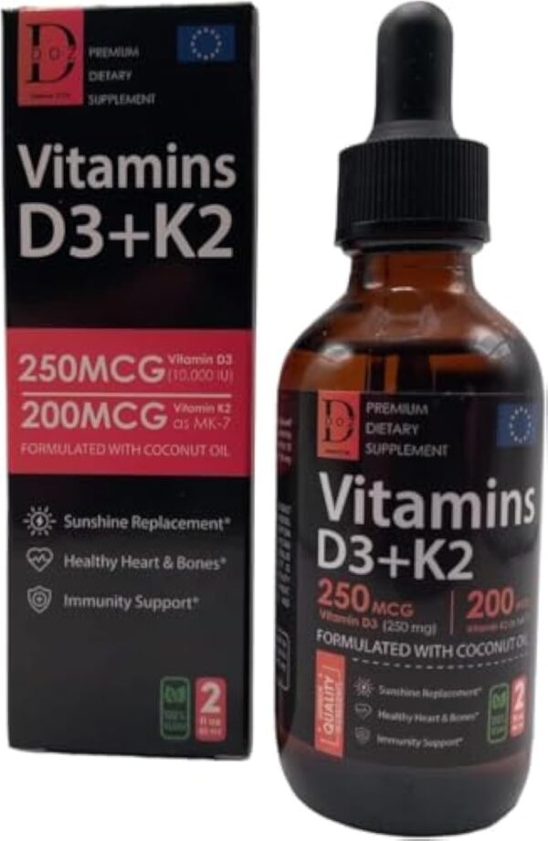 DOZ Vitamine D3 K2 Gouttes 60ml - Vitamine D3 10000 IU 250MCG et Vitamin K2 MK-7 200MCG - Avec de l'huile de coco - Complément alimentaire natural – Image 3