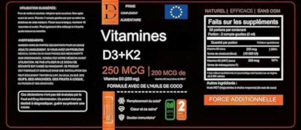 DOZ Vitamine D3 K2 Gouttes 60ml - Vitamine D3 10000 IU 250MCG et Vitamin K2 MK-7 200MCG - Avec de l'huile de coco - Complément alimentaire natural – Image 6