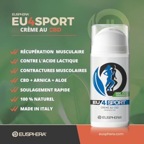 EUSPHERA - EU4SPORT - Crème de massage sportif pour la fatigue musculaire post-entraînement 100% naturelle avec CBD, griffe du diable, arnica et aloès (75 ml) – Image 4