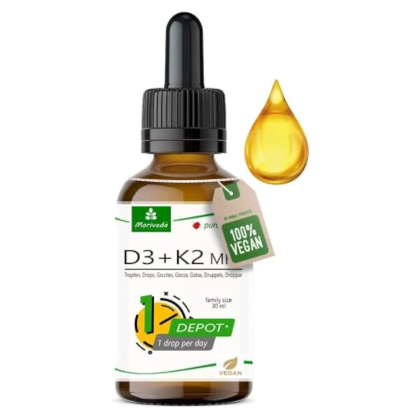 Gouttes de vitamine D3 + K2 végétaliennes - 1700 gouttes - 1000 U.I. D3 + 20µg K2 MK7 par goutte - flacon de 50ml de Moriveda