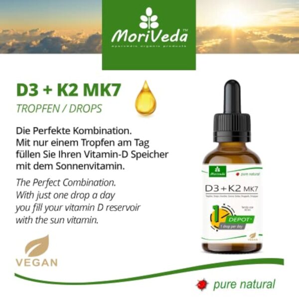 Gouttes de vitamine D3 + K2 végétaliennes - 1700 gouttes - 1000 U.I. D3 + 20µg K2 MK7 par goutte - flacon de 50ml de Moriveda – Image 3