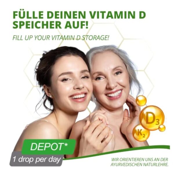 Gouttes de vitamine D3 + K2 végétaliennes - 1700 gouttes - 1000 U.I. D3 + 20µg K2 MK7 par goutte - flacon de 50ml de Moriveda – Image 4