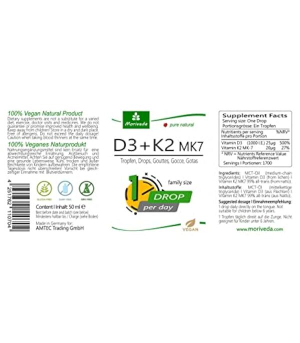 Gouttes de vitamine D3 + K2 végétaliennes - 1700 gouttes - 1000 U.I. D3 + 20µg K2 MK7 par goutte - flacon de 50ml de Moriveda – Image 7