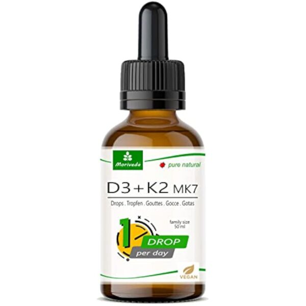 Gouttes de vitamine D3 + K2 végétaliennes - 1700 gouttes - 1000 U.I. D3 + 20µg K2 MK7 par goutte - flacon de 50ml de Moriveda – Image 8