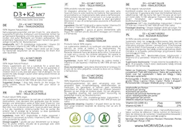 Gouttes de vitamine D3 + K2 végétaliennes - 1700 gouttes - 1000 U.I. D3 + 20µg K2 MK7 par goutte - flacon de 50ml de Moriveda – Image 10