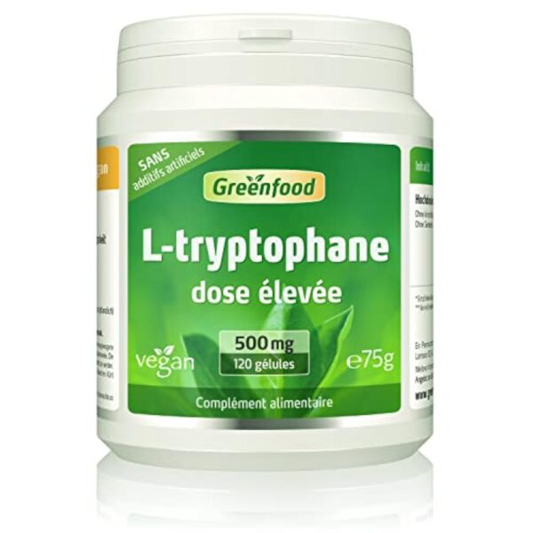 Greenfood L-Tryptophane 500 mg, 120 gélules - Sans additifs artificiels. Sans OGM.Sans lactose. Sans gluten. Vegan.