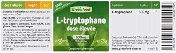 Greenfood L-Tryptophane 500 mg, 120 gélules - Sans additifs artificiels. Sans OGM.Sans lactose. Sans gluten. Vegan. – Image 3