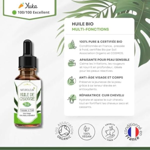 HUILE DE CHANVRE BIO, pressée à froid, Pure et Naturelle - Extra Vierge - Soin nourrissant pour Cheveux et Peau, (100ml) – Image 3