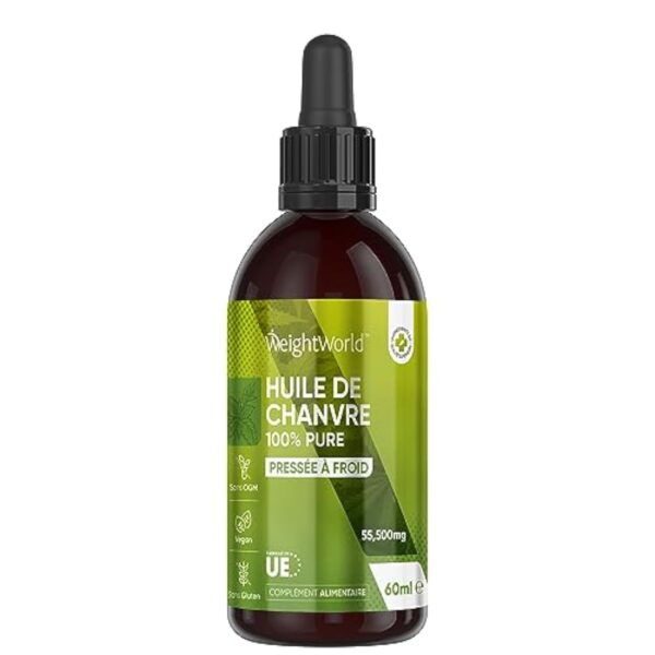 Huile de Chanvre 60ml 100% Pure, 1850mg d'Huile de Graines de Chanvre Source d'Acides Gras Essentiels, Oméga 3 6 9 - Gouttes Vegan Hemp Seed Oil Pressée à Froid - Fabriqué en UE - WeightWorld