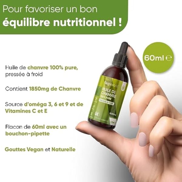 Huile de Chanvre 60ml 100% Pure, 1850mg d'Huile de Graines de Chanvre Source d'Acides Gras Essentiels, Oméga 3 6 9 - Gouttes Vegan Hemp Seed Oil Pressée à Froid - Fabriqué en UE - WeightWorld – Image 3