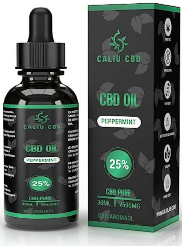 | Huile de chanvre bio | 25% 7500mg 30ML | À l'extrait de menthe | Huile de MENTHE | Fabriqué dans l'UE | 0% THC 1200 gouttes | Huile de graines de cannabis.