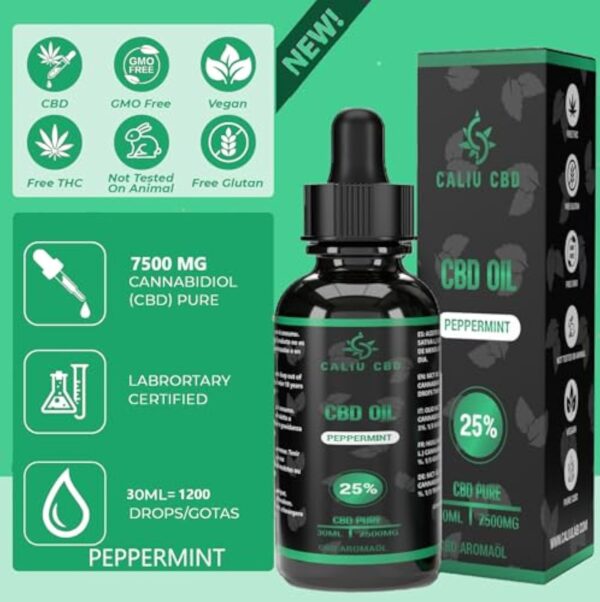 | Huile de chanvre bio | 25% 7500mg 30ML | À l'extrait de menthe | Huile de MENTHE | Fabriqué dans l'UE | 0% THC 1200 gouttes | Huile de graines de cannabis. – Image 4