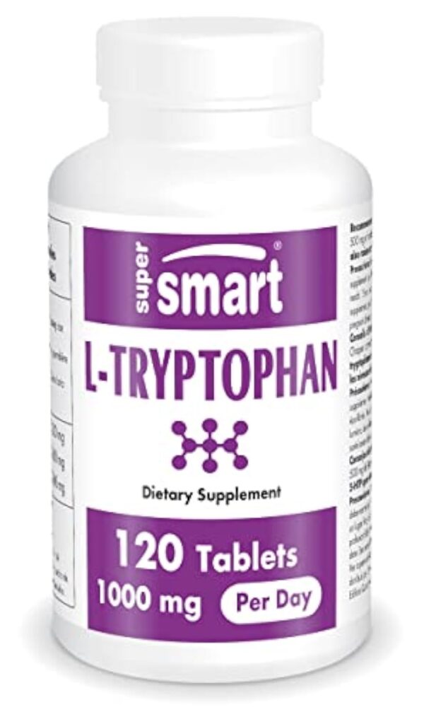 L-Tryptophane 1000 mg par jour - Qualité du sommeil et Endormissement - Précurseur de la Sérotonine, de la Mélatonine, du 5-HTP et de la Niacine - Vegan - Sans Gluten - Supersmart