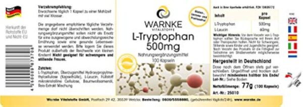 L-Tryptophane 500mg - 100 gélules - Végan | Warnke Vitalstoffe - Qualité des pharmacies allemandes – Image 3