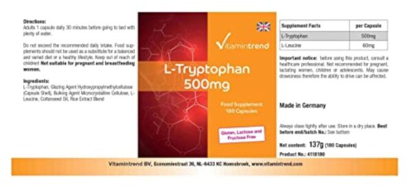 L-Tryptophane 500 mg – 180 gélules – Végétalien – Lot de 6 mois | Vitamintrend® – Image 4