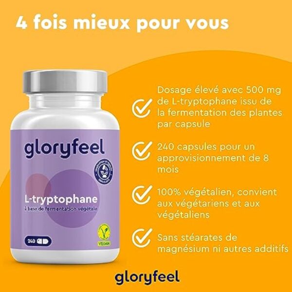 L-Tryptophane 500mg par Dose Quotidienne, 240 Capsules (6 mois d'approvisionnement), Supplément pour Améliorer la Qualité de Sommeil, Complément Tryptophan Relaxant Anti-Stress, 100% Végétalien – Image 4