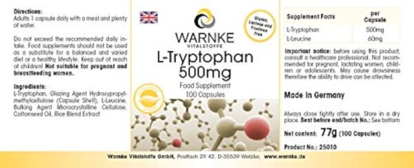 L-Tryptophane 500mg - 100 gélules - Végan | Warnke Vitalstoffe - Qualité des pharmacies allemandes – Image 4