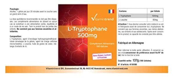 L-Tryptophane 500 mg – 180 gélules – Végétalien – Lot de 6 mois | Vitamintrend® – Image 5