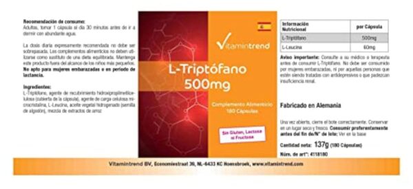 L-Tryptophane 500 mg – 180 gélules – Végétalien – Lot de 6 mois | Vitamintrend® – Image 6