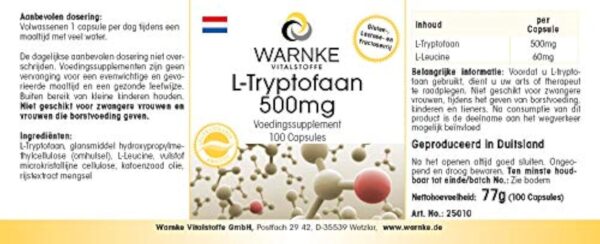 L-Tryptophane 500mg - 100 gélules - Végan | Warnke Vitalstoffe - Qualité des pharmacies allemandes – Image 8