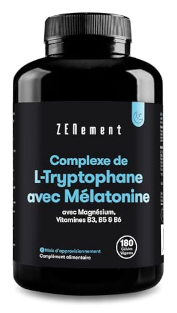 L-Tryptophane Complex, avec Mélatonine, Magnésium + Vitamines B3, B5, B6, 180 Gélules | Induit le sommeil et améliore la qualité du sommeil | sans additifs, Sans Gluten | Zenement