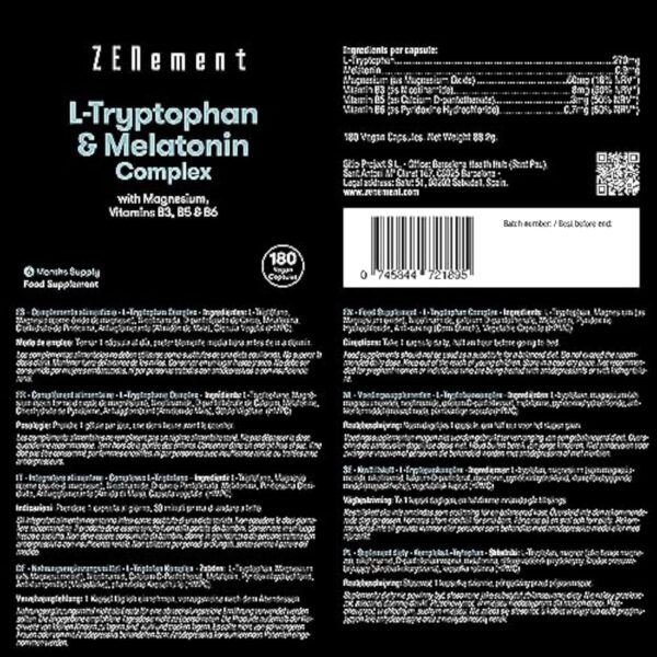 L-Tryptophane Complex, avec Mélatonine, Magnésium + Vitamines B3, B5, B6, 180 Gélules | Induit le sommeil et améliore la qualité du sommeil | sans additifs, Sans Gluten | Zenement – Image 3