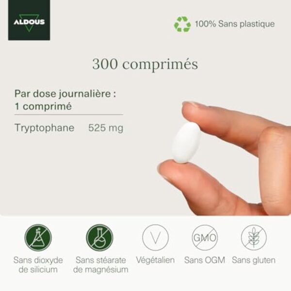 L-Tryptophane pur 525mg | Tryptophane pour un bon sommeil | 300 comprimés pour 10 mois | Dose maximale de repos | Favorise un sommeil profond et améliore l'humeur | Sans excipients – Image 4