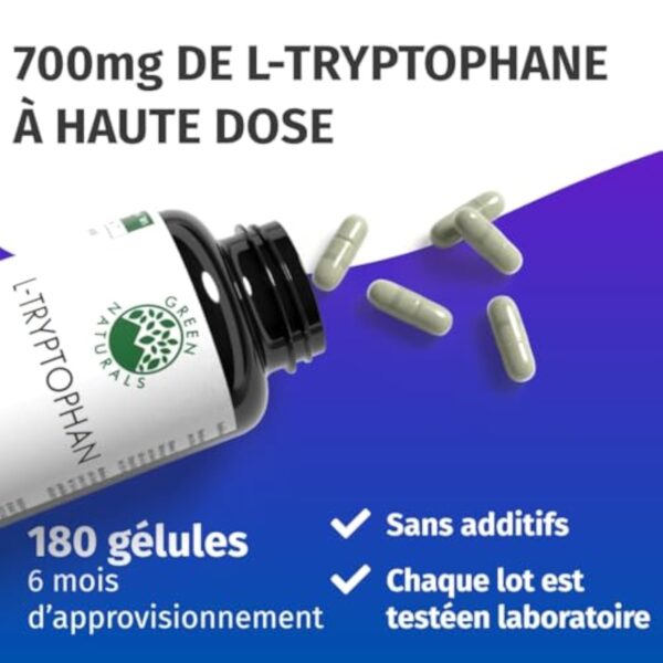 L-tryptophane | Hautement dosé : 700 mg par capsule | 180 gélules | 6 mois de réserve | Végétalien & sans additifs | Green Naturals® – Image 3