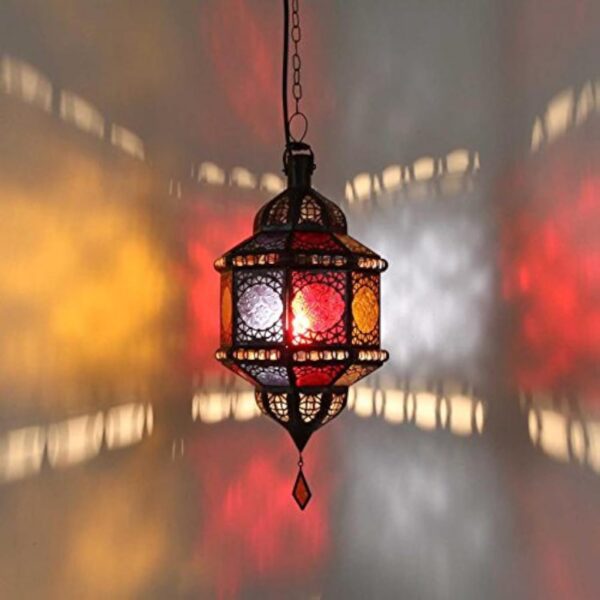 Lampe á suspension orientale Marocaine artisanat en provenance du Maroc Lanterne Trombia multicolores Hauteur (avec suspension): 38 cm Diamètre: 18 cm L1238